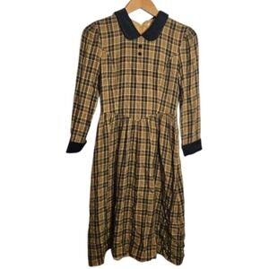 Vtg Dark Academia Plaid Check Satin Goth Peter Pan Collared Midi Dress‎ Small